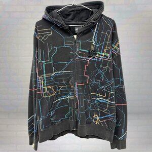 Y2K DC Shoes Subway Map Hoodie | Rare Neon Graphic Zip Up Size Medium